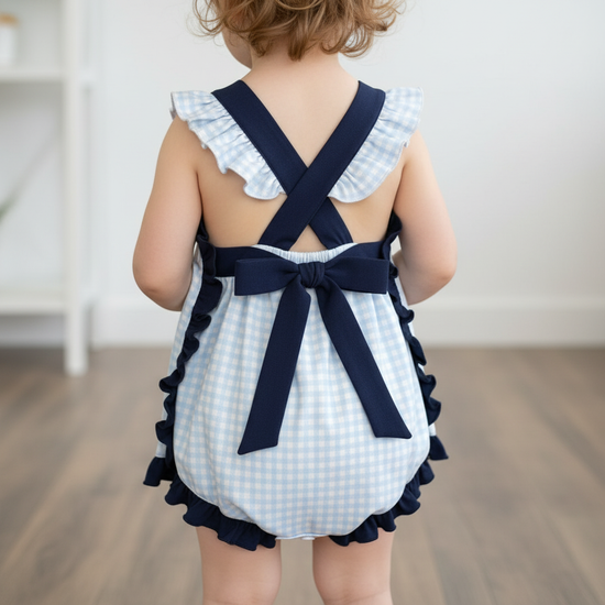 Classic Navy Gingham Bow and Button Romper